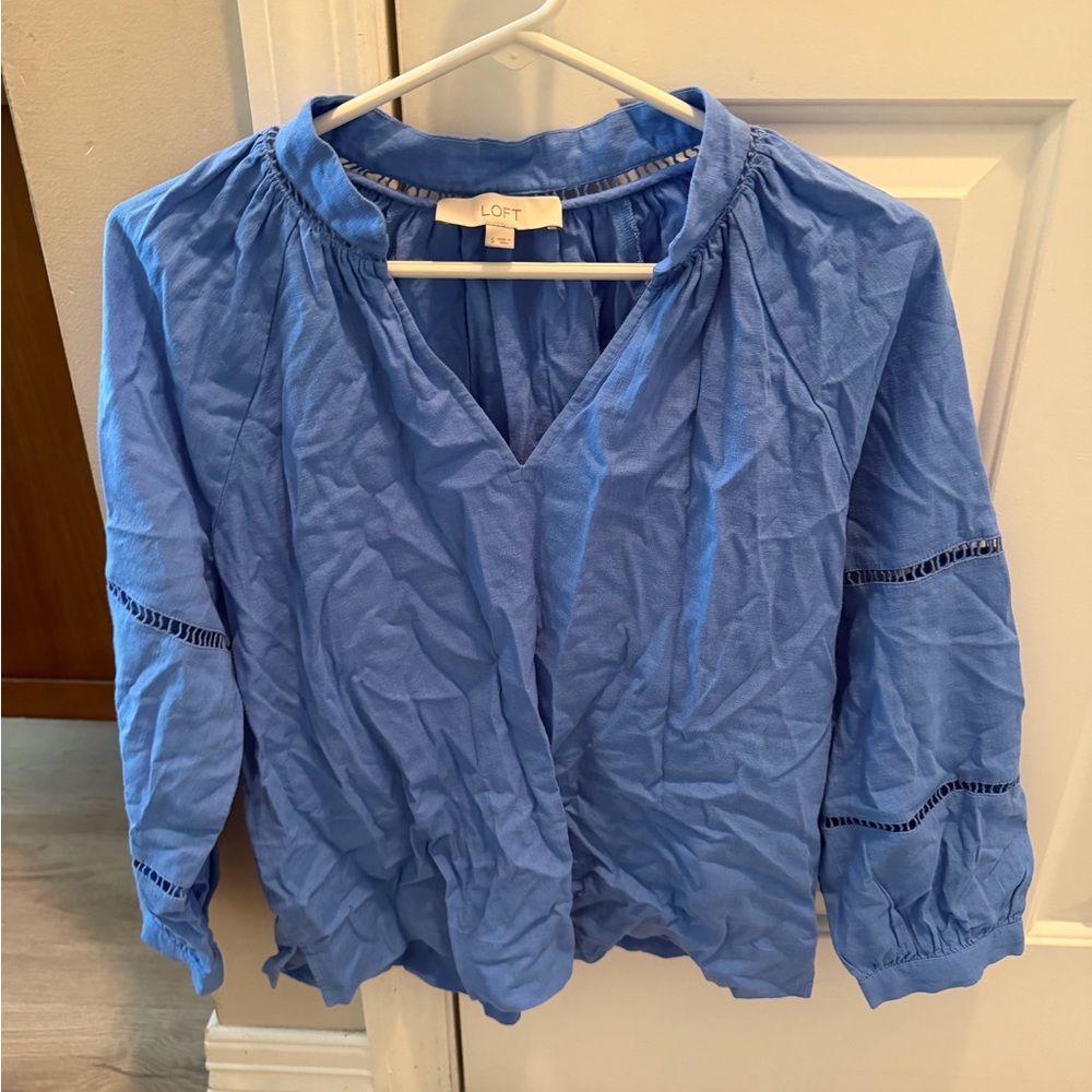 LOFT Cornflower Blue Blouse with Ladder Trim